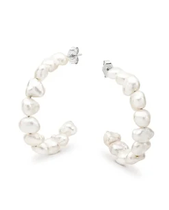 Allura White Keshi Hoop Studs | Silver