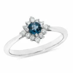 9k White Gold London Blue Topaz + Diamond Ring