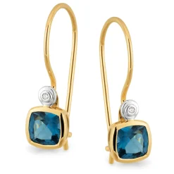 9k Yellow Gold London Blue Topaz & Diamond Hook Earrings