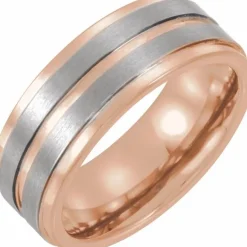 Tungsten & 18ct Rose Gold Grooved Band Ring (W)